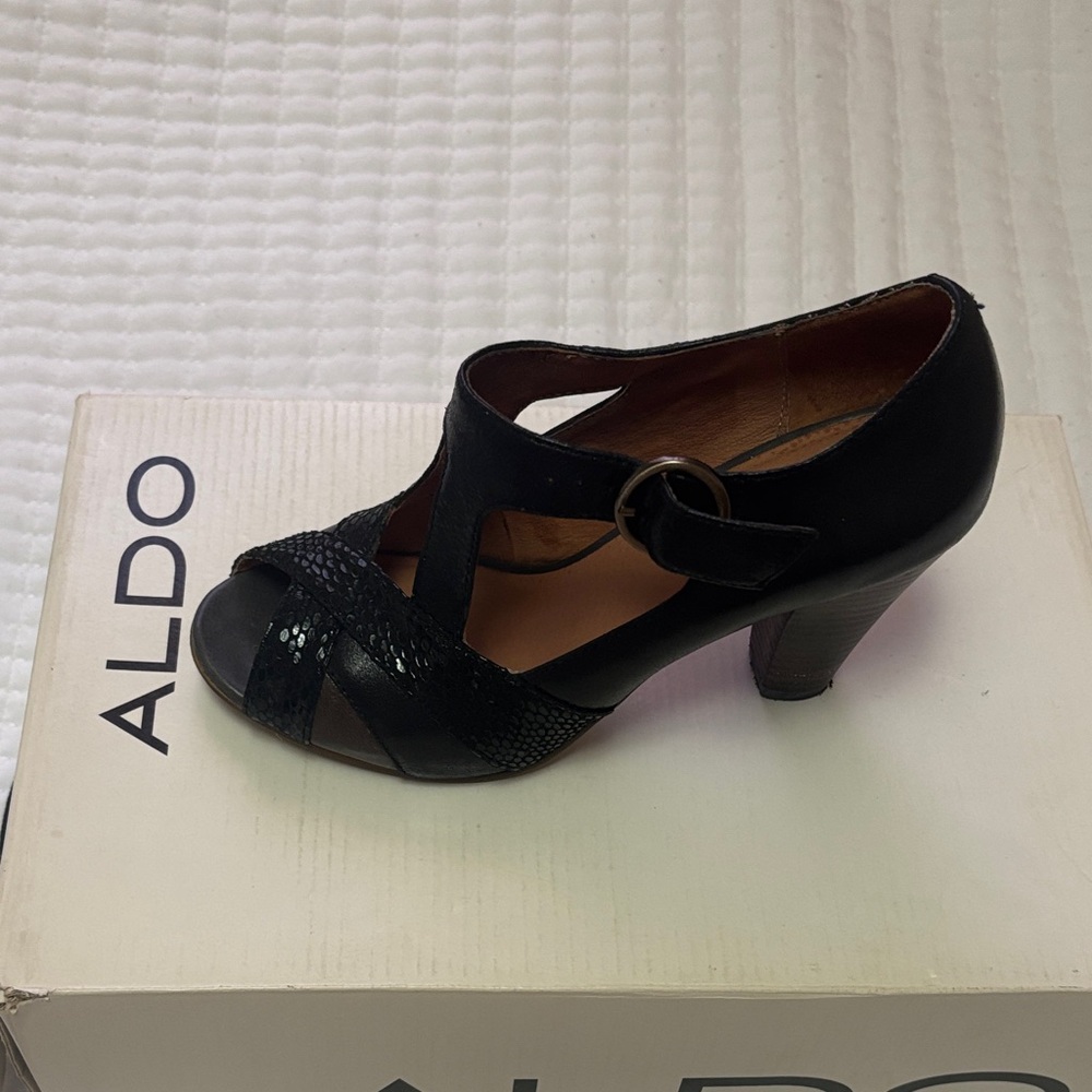 Aldo Black Peep-Toe Leather Heels with Buckle Detail